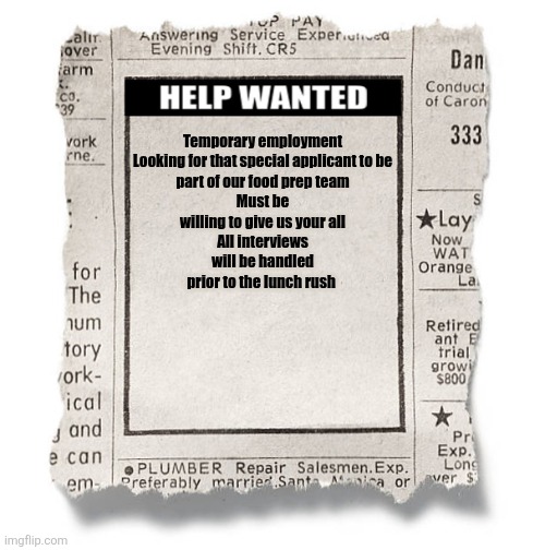 Help Wanted Template | Temporary employment


Looking for that special applicant to be part of our food prep team
Must be willing to give us your all
All interview | image tagged in help wanted template | made w/ Imgflip meme maker