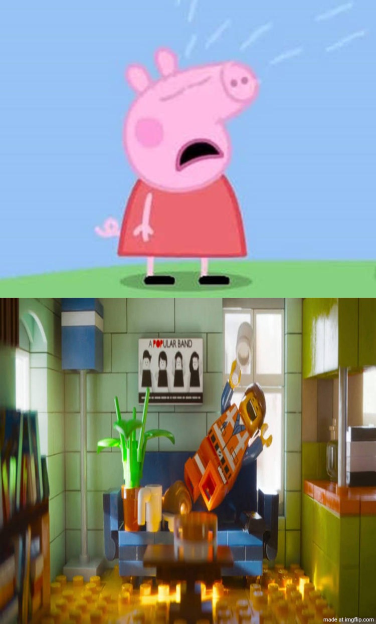 emmet laughs at Peppa pig crying? | image tagged in who's laughing at peppa pig crying,deviantart,peppa pig,the lego movie,warner bros,warner bros discovery | made w/ Imgflip meme maker