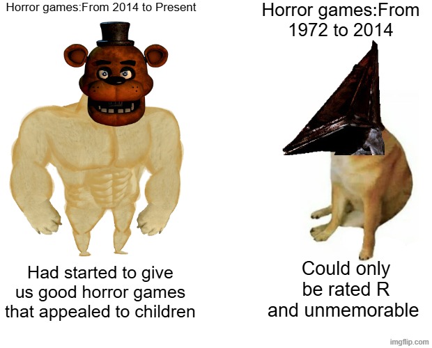 Seriously why did horror games get the renaissance that is from 2014 | Horror games:From 2014 to Present; Horror games:From 1972 to 2014; Could only be rated R and unmemorable; Had started to give us good horror games that appealed to children | image tagged in memes,buff doge vs cheems | made w/ Imgflip meme maker