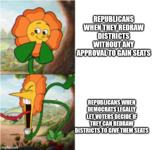 TFW Republicans cheat and then cry foul when Dems LEGALLY fight back | Republicans when they redraw districts without any approval to gain seats; Republicans when democrats legally let voters decide if they can redraw districts to give them seats | image tagged in reverse cuphead flower | made w/ Imgflip meme maker
