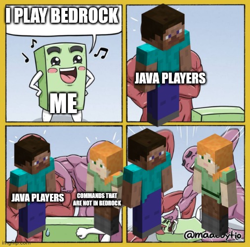 This took an hour | I play bedrock; Java players; Me; Java players; Commands that are not in bedrock | image tagged in guy getting beat up,this took an hour,minecraft memes,alex,steve,i am steve | made w/ Imgflip meme maker