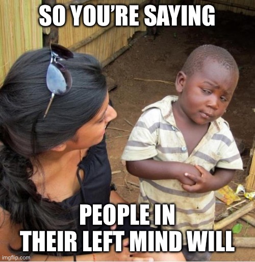 Skeptical third world kid | So you’re saying People in their left mind will | image tagged in skeptical third world kid | made w/ Imgflip meme maker