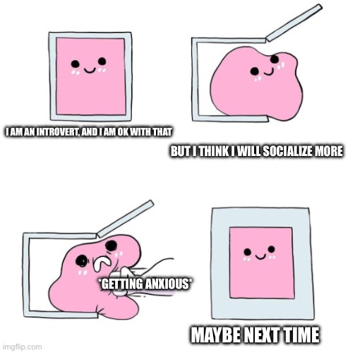 Maybe next time I guess | I am an Introvert, and I am ok with that; But I think I will socialize more; *Getting Anxious*; Maybe next time | image tagged in never again | made w/ Imgflip meme maker