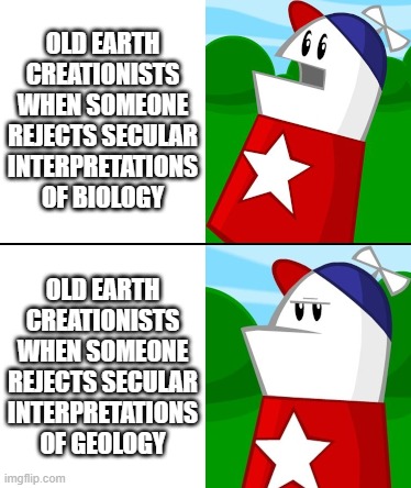 Reject All the Secular Interpretations | Old earth creationists when someone rejects secular interpretations of biology; Old earth creationists when someone rejects secular interpretations of geology | image tagged in disappointed homestar runner,memes,old earth creationists,creationism | made w/ Imgflip meme maker