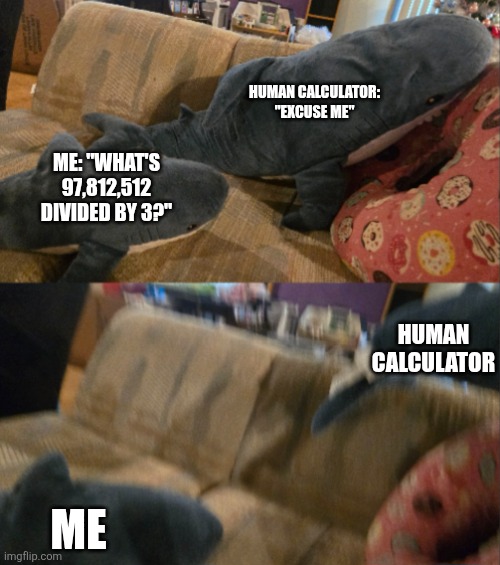 Who can solve this in under 10 seconds | Human calculator: "EXCUSE ME"; Me: "What's 97,812,512 divided by 3?"; Human calculator; Me | image tagged in what kind of question is that | made w/ Imgflip meme maker