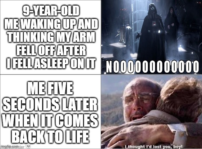 Arm | 9-year-old me waking up and thinking my arm fell off after i fell asleep on it; me five seconds later when it comes back to life | image tagged in 4 panel comic,darth vader noooo,i thought i'd lost you boy,memes,funny,relatable | made w/ Imgflip meme maker