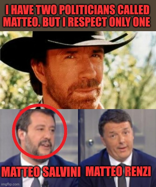 Matteo Salvini!! | I have two politicians called Matteo. But I respect only one; Matteo Salvini; Matteo Renzi | image tagged in chuck norris matteo renzi matteo salvini | made w/ Imgflip meme maker