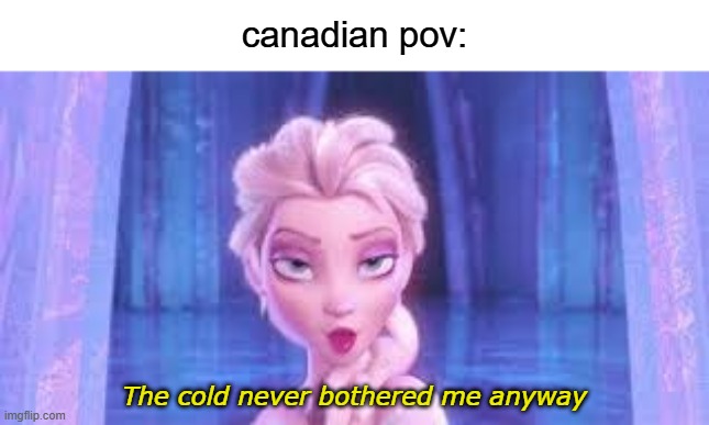 ✨spring✨ | canadian pov:; The cold never bothered me anyway | image tagged in elsa,frozen,the cold never bothered me anyway,canadian,pov | made w/ Imgflip meme maker