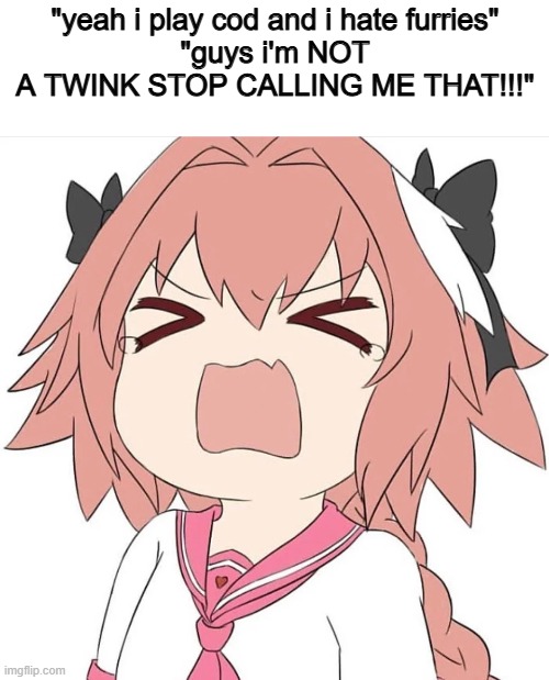 i don't know man...seems pretty twinkish to me. | "yeah i play cod and i hate furries"
"guys i'm NOT A TWINK STOP CALLING ME THAT!!!" | image tagged in astolfo cry | made w/ Imgflip meme maker