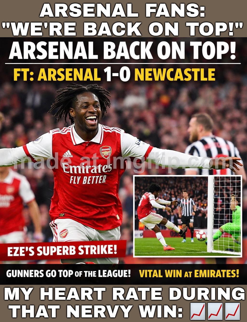 Arsenal fans when we “go back top” after a nervy 1-0; My heart rate: fighting for its life until Eze seals it vs Newcastle | ARSENAL FANS: "WE'RE BACK ON TOP!"; MY HEART RATE DURING THAT NERVY WIN: 📈📈📈 | image tagged in premier league,heart rate,sports fans,arsenal,football,sports | made w/ Imgflip meme maker
