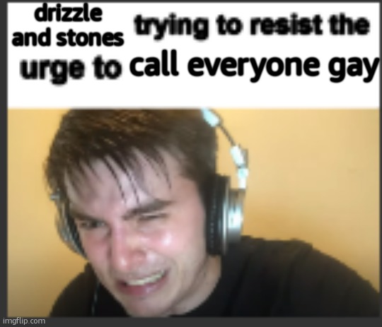 X trying to resist the urge to X | drizzle and stones; call everyone gay | image tagged in x trying to resist the urge to x | made w/ Imgflip meme maker