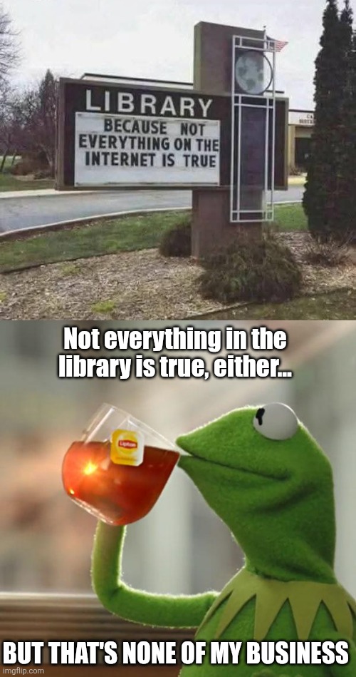 The truth is out there... | Not everything in the library is true, either... But that's none of my business | image tagged in memes,but that's none of my business,libraries,the internet,the truth | made w/ Imgflip meme maker