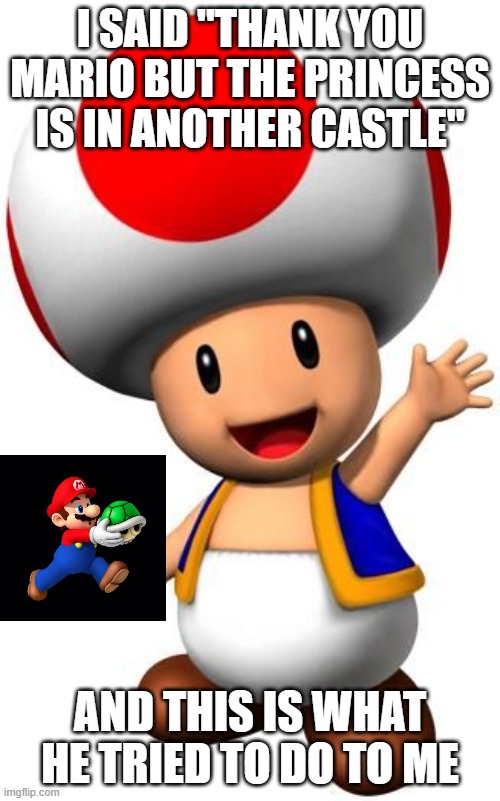 Toad | i said "thank you mario but the princess is in another castle"; and this is what he tried to do to me | image tagged in toad | made w/ Imgflip meme maker