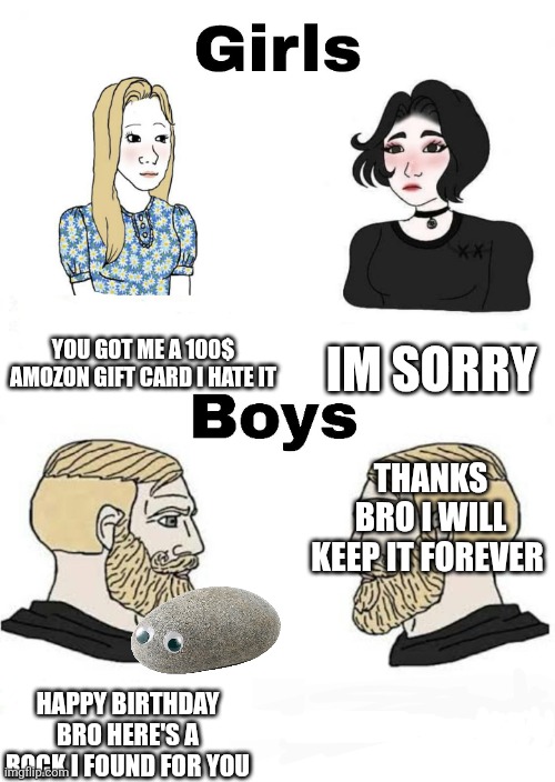Boys vs girls birthday present meme | Im sorry; You got me a 100$ amozon gift card i HATE IT; Thanks bro I will keep it forever; Happy birthday bro here's a rock I found for you | image tagged in girls vs boys | made w/ Imgflip meme maker