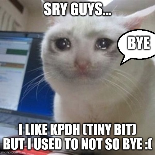 SORRY :( | sry guys... bye; I like kpdh (tiny bit) but I used to not so bye :( | image tagged in crying cat,i'm sorry | made w/ Imgflip meme maker
