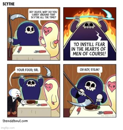 The Odd 1s Out | image tagged in comics,the odd 1s out,grim reaper,scythe,restaurant,steak | made w/ Imgflip meme maker