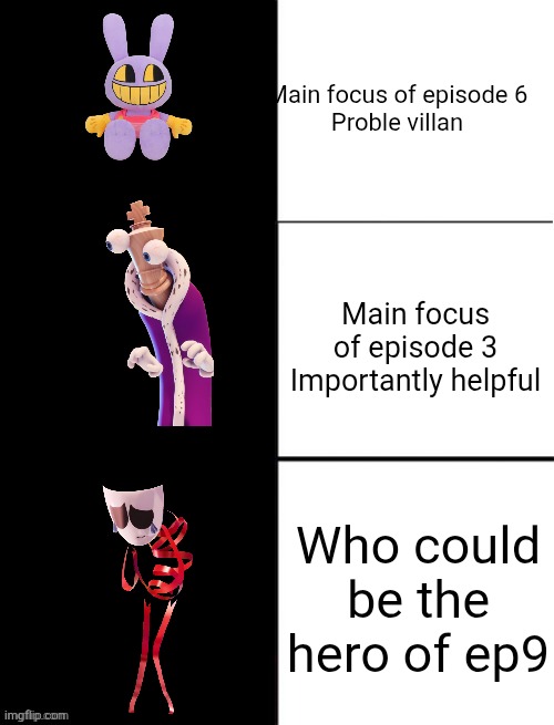 blank 3 panel | Main focus of episode 6

Proble villan; Main focus of episode 3

Importantly helpful; Who could be the hero of ep9 | image tagged in blank 3 panel,remix | made w/ Imgflip meme maker