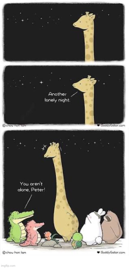 Buddy Gator | image tagged in comics,buddy gator,giraffe,not alone,animals,friends | made w/ Imgflip meme maker