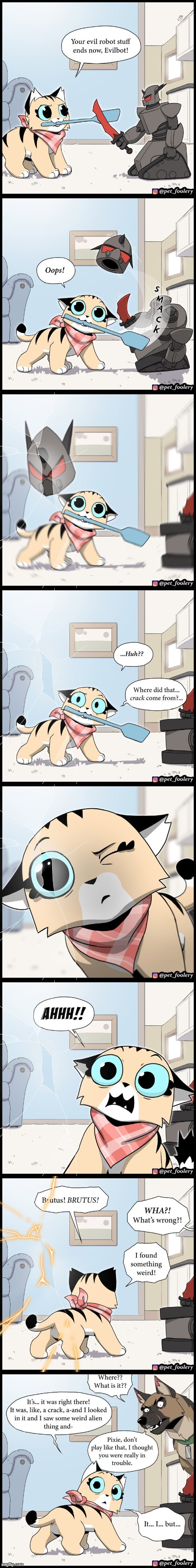 image tagged in cat,robot,dog,crack,screen,4th wall | made w/ Imgflip meme maker