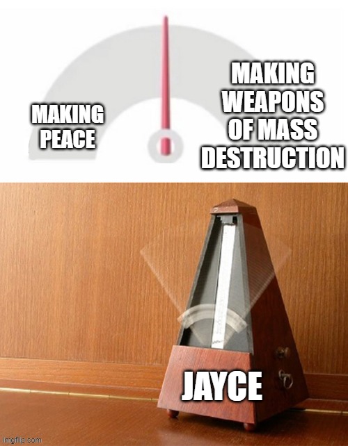 Day 514 of Arcane memes until the next season/series comes out. | making weapons of mass destruction; making peace; jayce | image tagged in pendulum indecisive,arcane | made w/ Imgflip meme maker