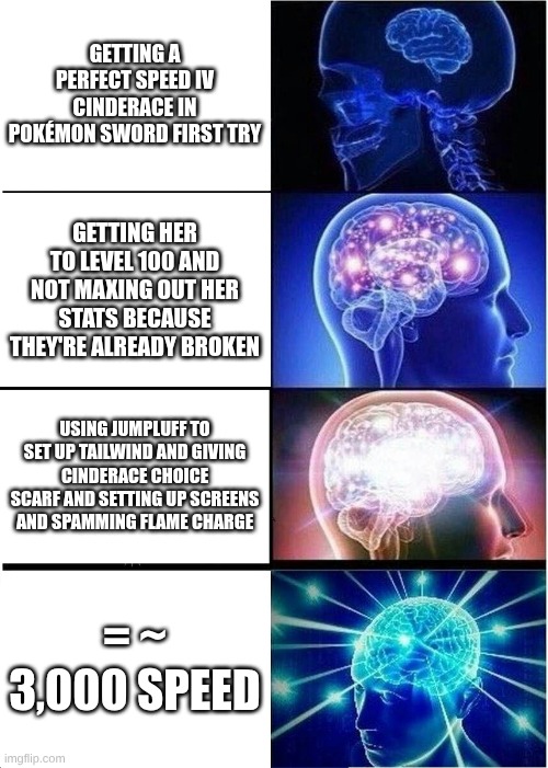 Expanding Brain | Getting a perfect speed iv Cinderace in pokémon sword first try; getting her to level 100 and not maxing out her stats because they're already broken; using jumpluff to set up tailwind and giving Cinderace choice scarf and setting up screens and spamming flame charge; = ~ 3,000 speed | image tagged in memes,expanding brain | made w/ Imgflip meme maker