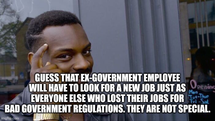 Roll Safe Think About It Meme | Guess that ex-government employee will have to look for a new job just as everyone else who lost their jobs for bad government regulations.  | image tagged in memes,roll safe think about it | made w/ Imgflip meme maker