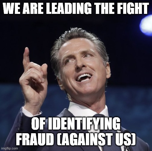 Gavin newsom | we are leading the fight of identifying fraud (against us) | image tagged in gavin newsom | made w/ Imgflip meme maker