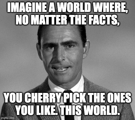 Rod Serling | imagine a world where,
no matter the facts, you cherry pick the ones
you like. this world. | image tagged in rod serling | made w/ Imgflip meme maker