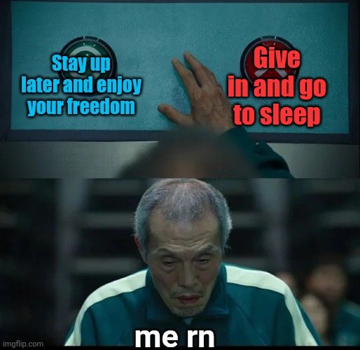gn... | Give in and go to sleep; Stay up later and enjoy your freedom; me rn | image tagged in two buttons | made w/ Imgflip meme maker