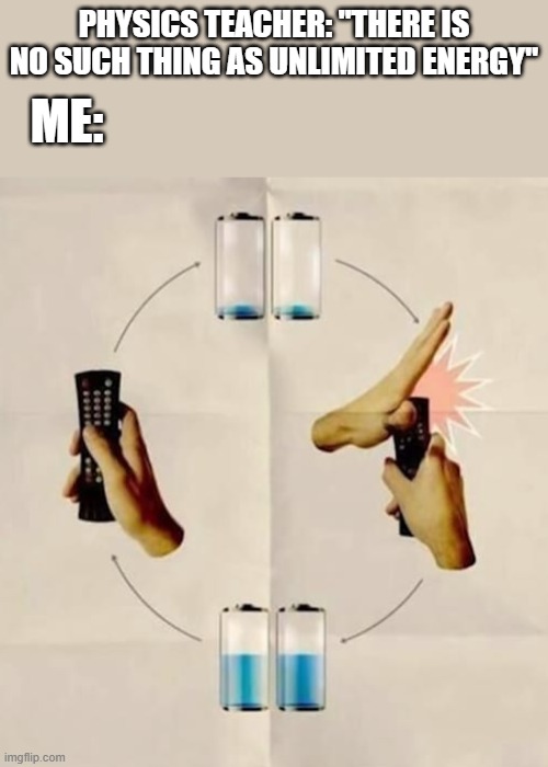 physics | physics teacher: "there is no such thing as unlimited energy"; me: | image tagged in memes | made w/ Imgflip meme maker