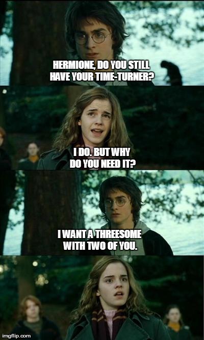 Horny Harry Meme | HERMIONE, DO YOU STILL HAVE YOUR
TIME-TURNER? I DO. BUT WHY DO YOU NEED IT? I WANT A THREESOME WITH TWO OF YOU. | image tagged in memes,horny harry | made w/ Imgflip meme maker