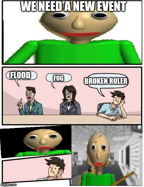 Baldi’s Meeting Suggestion | we need a new event; flood; broken ruler; fog | image tagged in baldi s meeting suggestion | made w/ Imgflip meme maker