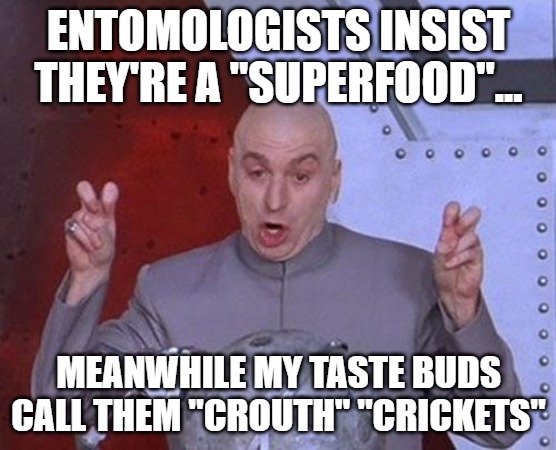 Dr Evil Laser | Entomologists insist they're a "superfood"... Meanwhile my taste buds call them "crouth" "crickets" | image tagged in memes,dr evil laser | made w/ Imgflip meme maker