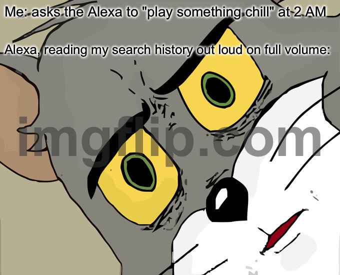 Me: asks the Alexa to "play something chill" at 2 AM; Alexa, reading my search history out loud on full volume: | Me: asks the Alexa to "play something chill" at 2 AM; Alexa, reading my search history out loud on full volume: | image tagged in memes,unsettled tom,remix,alexa,search history,google search | made w/ Imgflip meme maker