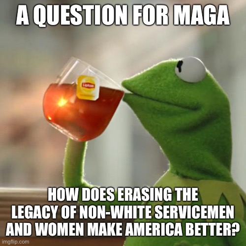 But That's None Of My Business | A question for maga; How does erasing the legacy of non-white servicemen and women make America better? | image tagged in memes,but that's none of my business,kermit the frog | made w/ Imgflip meme maker