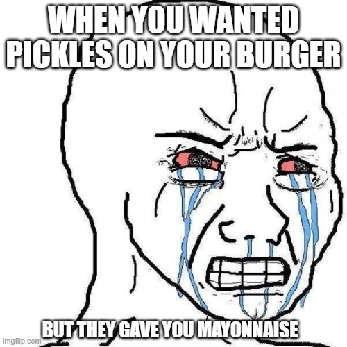 Angry Tears | when you wanted pickles on your burger; but they gave you mayonnaise | image tagged in angry tears | made w/ Imgflip meme maker