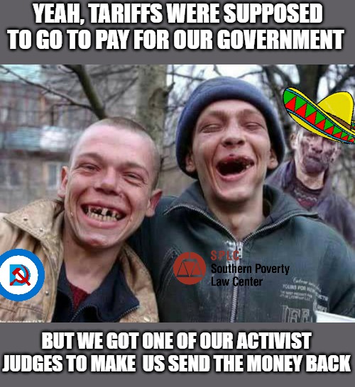 Methed Up | Yeah, tariffs were supposed to go to pay for our government But we got one of our activist judges to make  us send the money back | image tagged in methed up | made w/ Imgflip meme maker