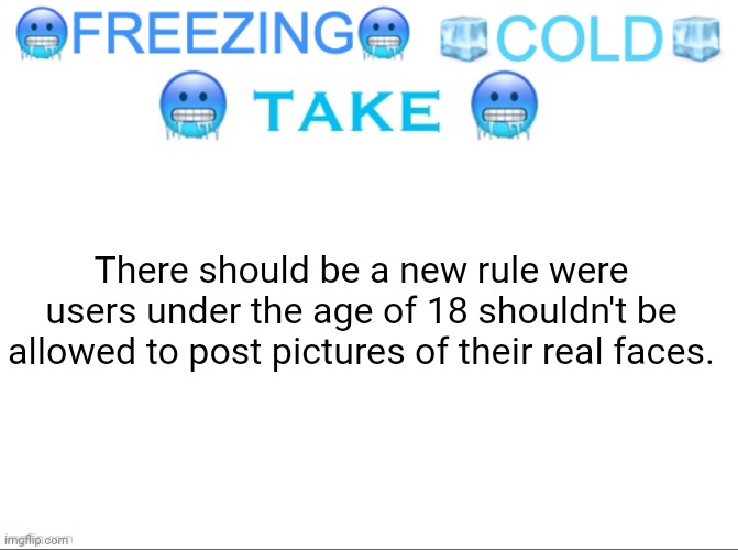 FREEZING COLD TAKE | There should be a new rule were users under the age of 18 shouldn't be allowed to post pictures of their real faces. | image tagged in freezing cold take | made w/ Imgflip meme maker