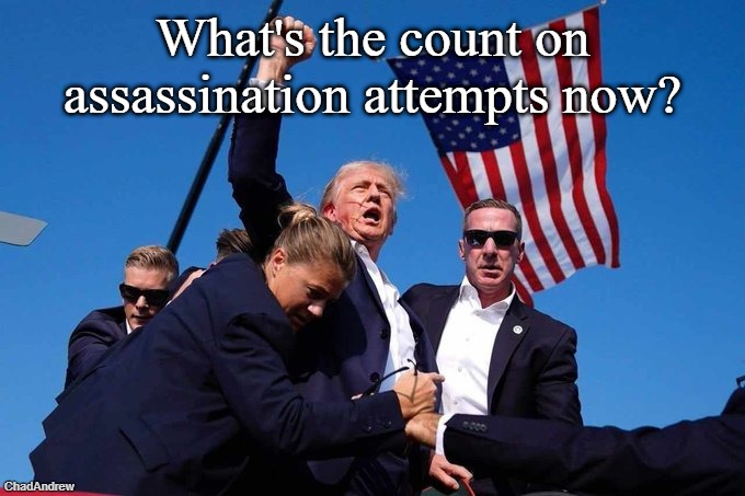 Democrats want to kill President Trump. They can't seem to do it. And these people want a civil war against Conservatives. | What's the count on assassination attempts now? | image tagged in trump shot,donald trump,assassination,maga,democrats | made w/ Imgflip meme maker