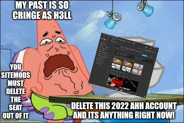 Delete this sh*t | My past is so cringe as h3ll; You sitemods must delete the seat out of it; Delete this 2022 ahh account and its anything right now! | made w/ Imgflip meme maker