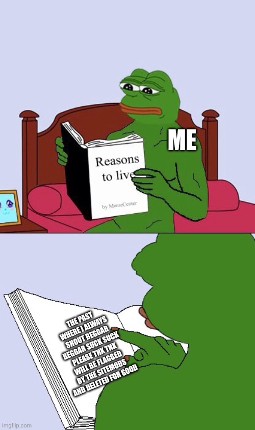 Blank Pepe Reasons to Live | Me; The past where i always shout BEGGAR BEGGAR SUCK SUCK PLEASE THX THX will be flagged by the sitemods and deleted for good | made w/ Imgflip meme maker