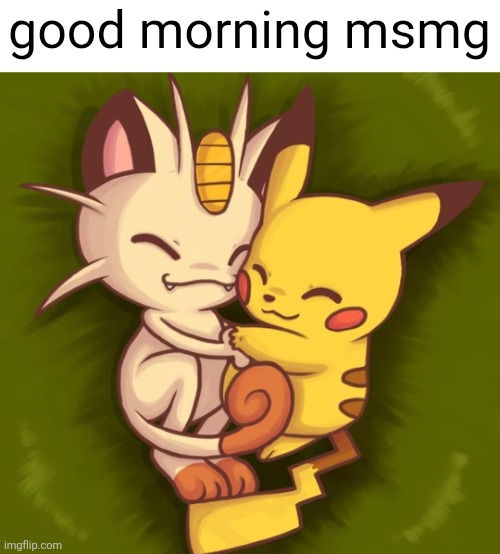 me n who | good morning msmg | image tagged in good morning,msmg,pokemon,pikachu,meowth,snuggling | made w/ Imgflip meme maker
