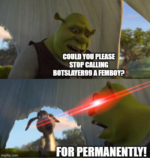 Botslayer99 Is Not a Femboy | Could you please stop calling botslayer99 a femboy? For permanently! | image tagged in shrek for five minutes,memes,stop it | made w/ Imgflip meme maker