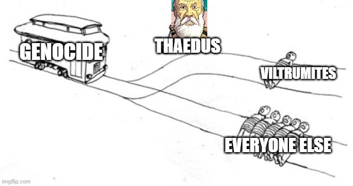 Invincible Trolley Problem | Thaedus; Genocide; Viltrumites; Everyone else | image tagged in trolley problem | made w/ Imgflip meme maker