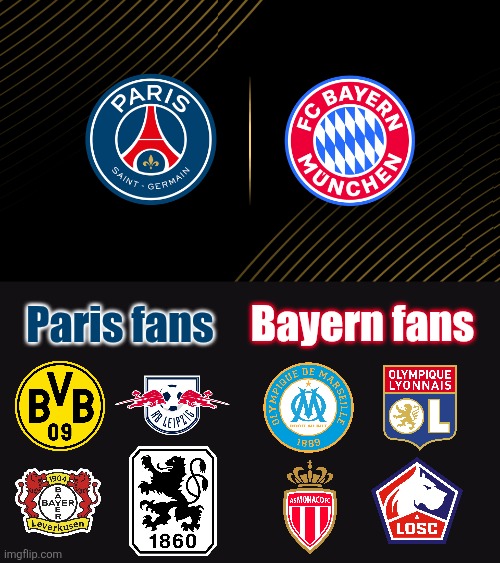Paris v Bayern - Tuesday at 21:00 CET LIVE on Canal+ France and Amazon Prime Video Germany | Bayern fans; Paris fans | image tagged in psg,bayern munich,champions league,sports,memes,football | made w/ Imgflip meme maker
