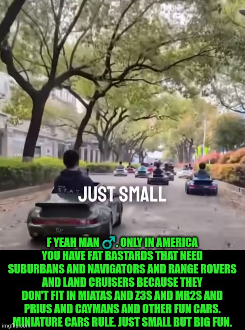 Funny | F yeah man ♂️. Only in America you have fat bastards that need suburbans and navigators and range rovers and land cruisers because they don't fit in miatas and Z3s and MR2s and Prius and Caymans and other fun cars. Miniature cars rule. Just small but big fun. | image tagged in funny,fat bastard,motorsport,because race car,fun,fuck yeah | made w/ Imgflip meme maker
