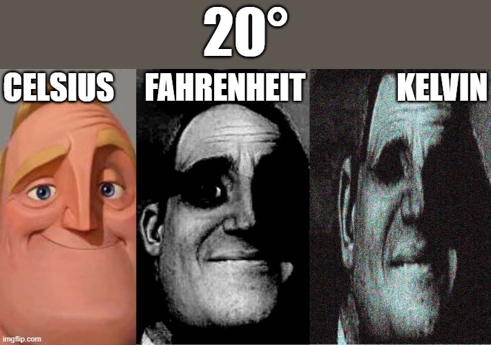 Uncanny mr incredible 3 panels | 20° celsius     fahrenheit               kelvin | image tagged in uncanny mr incredible 3 panels | made w/ Imgflip meme maker