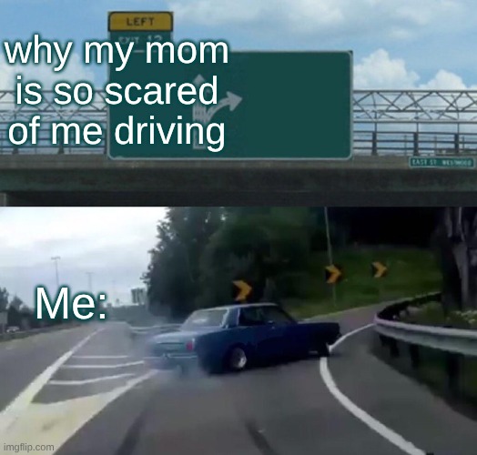 Left Exit 12 Off Ramp Meme | why my mom is so scared of me driving; Me: | image tagged in memes,left exit 12 off ramp | made w/ Imgflip meme maker