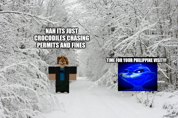 Snowy forest | Nah its just crocodiles chasing permits and fines TIME FOR YOUR PHILIPPINE VISIT!!! | image tagged in snowy forest | made w/ Imgflip meme maker