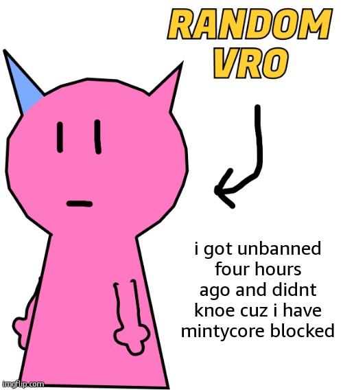 RANDOM VRO | i got unbanned four hours ago and didnt knoe cuz i have mintycore blocked | image tagged in random vro | made w/ Imgflip meme maker